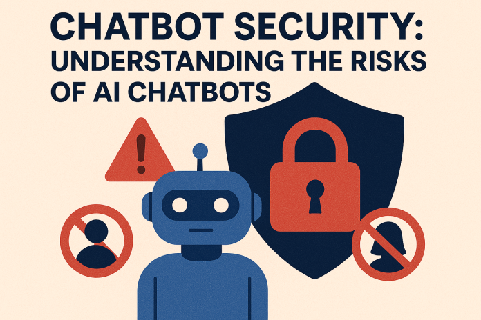 A digital illustration of a robot chatbot in front of a shield with a padlock symbol, surrounded by caution icons and user restriction signs, representing AI chatbot security risks.